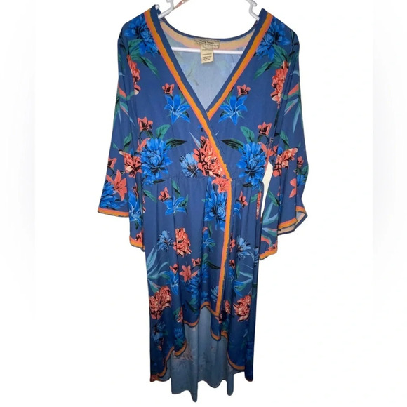 Flying Tomato Wrap High Low Dress Tie Blue Floral Bell Sleeves Size Small Summer - Picture 3 of 8